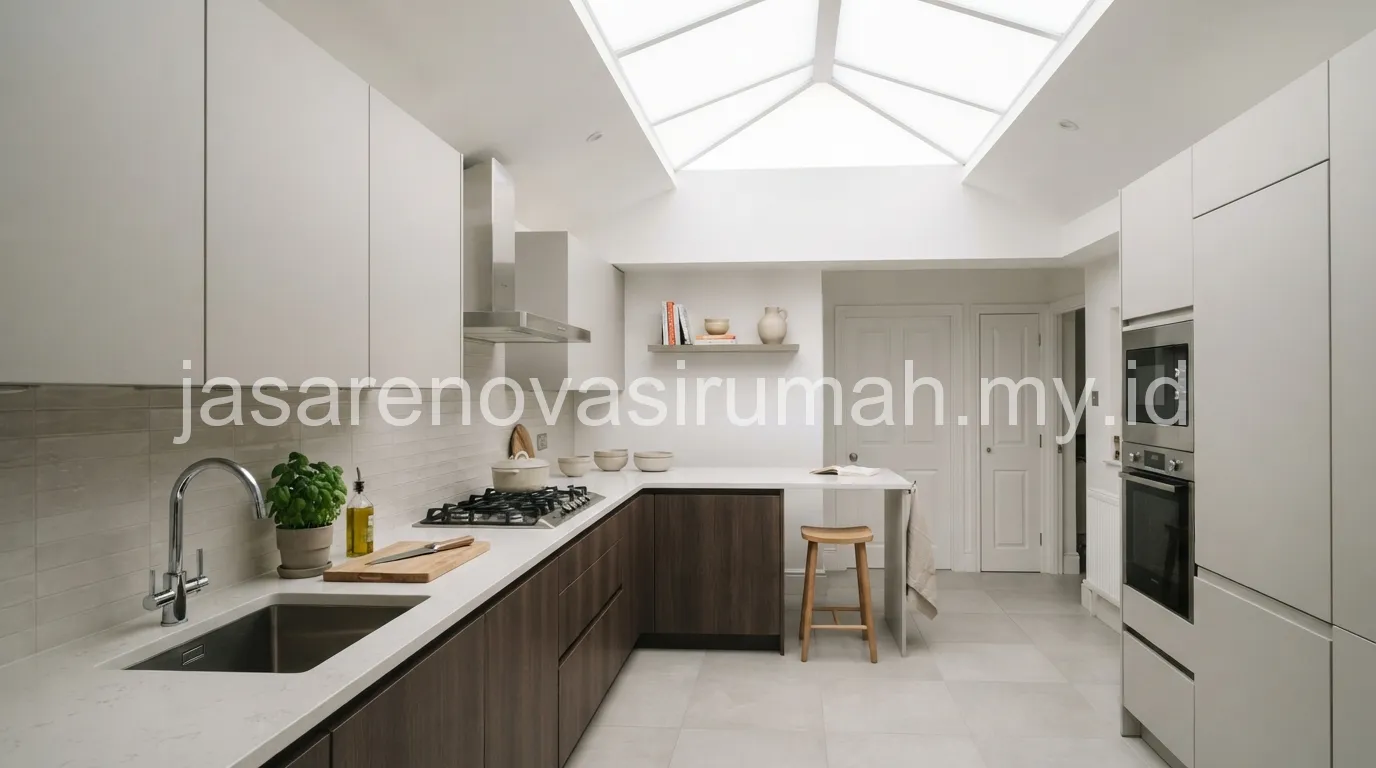 Dapur tertutup minimalis dengan skylight fiberglass