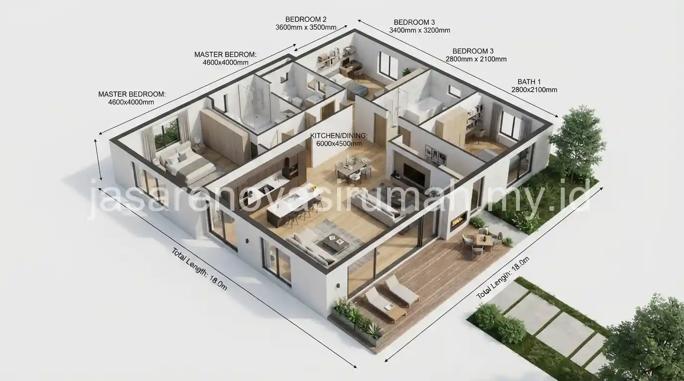 Denah rumah minimalis 3 kamar tidur 1 lantai