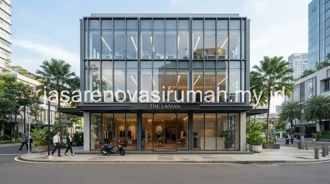 Fasad kaca pada ruko komersial hasil renovasi