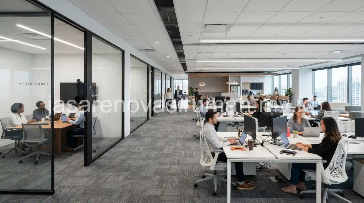 Contoh fit-out kantor standar dengan partisi kaca