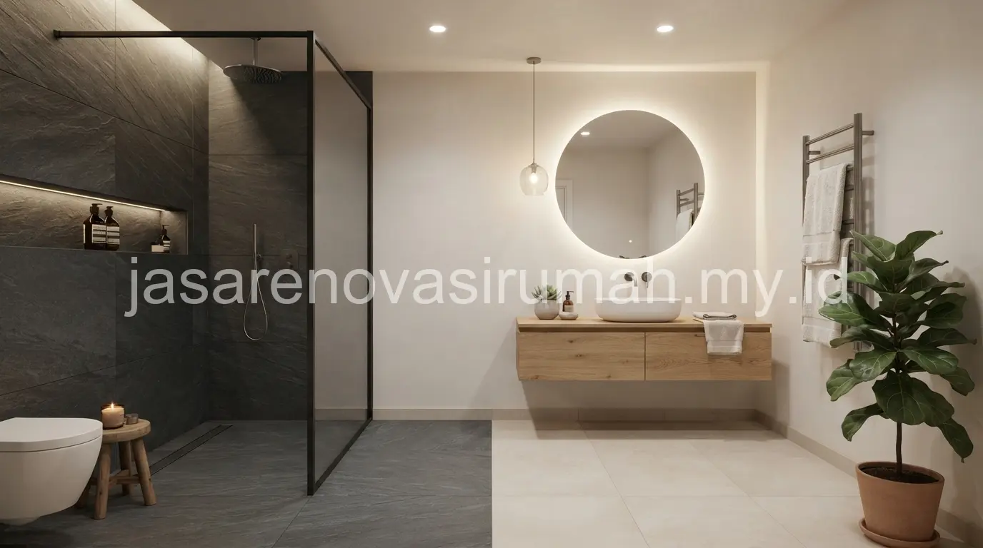 Desain kamar mandi minimalis modern dengan pencahayaan terang