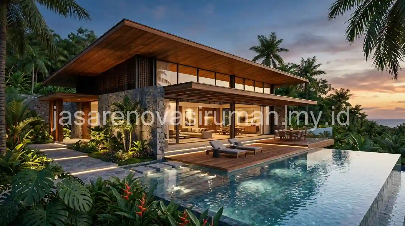 Render 3D desain rumah tropis modern untuk klien di Malang