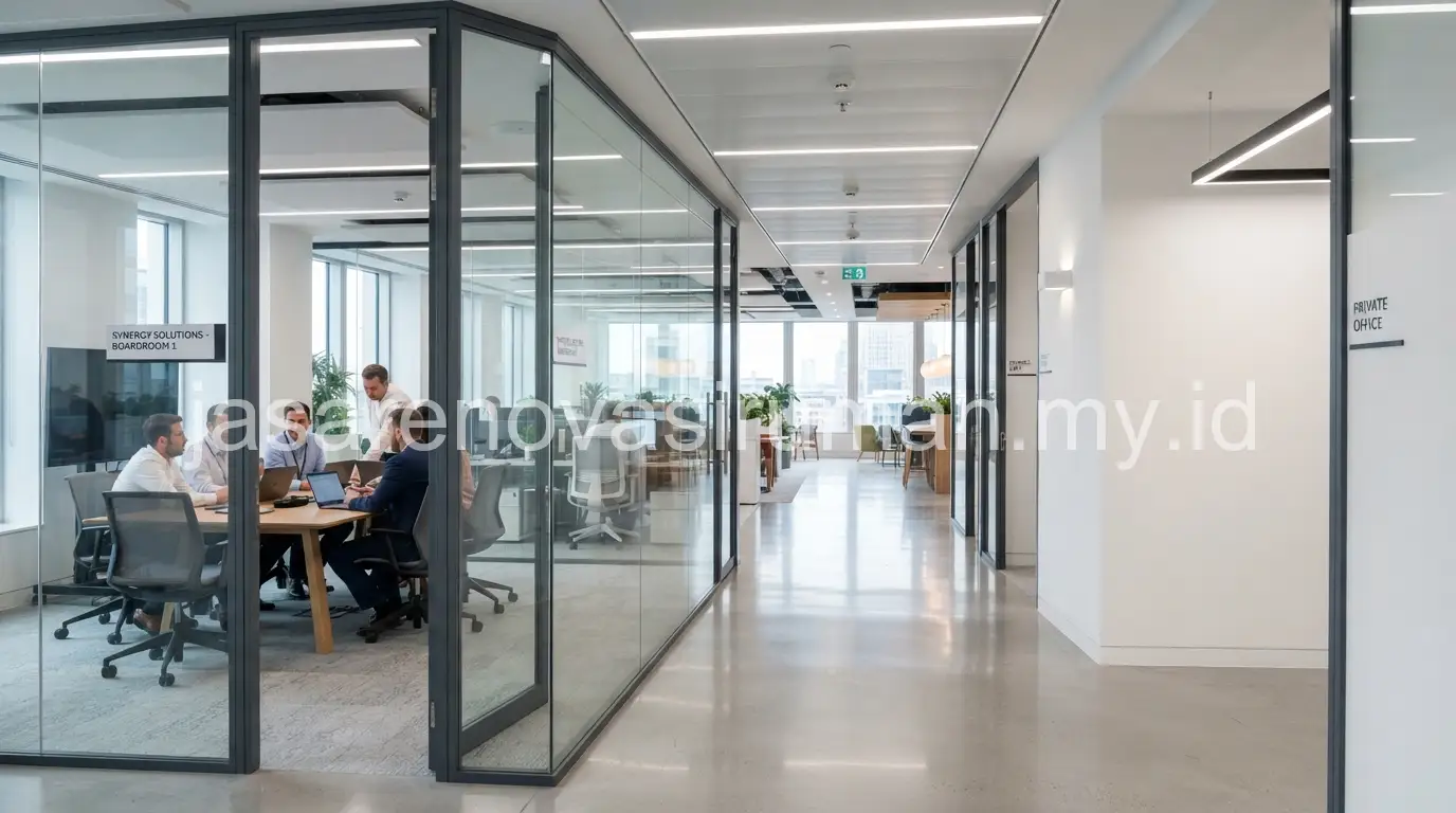 Sekat kaca dan partisi gypsum pada ruang kantor