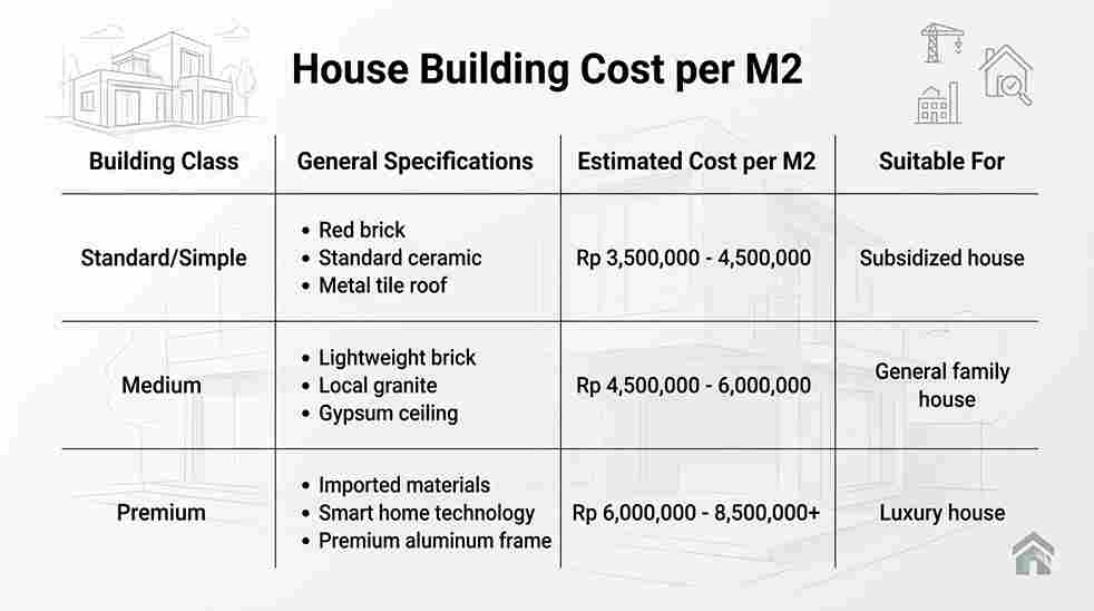 Tabel kisaran biaya bangun rumah per m2 material standar vs premium
